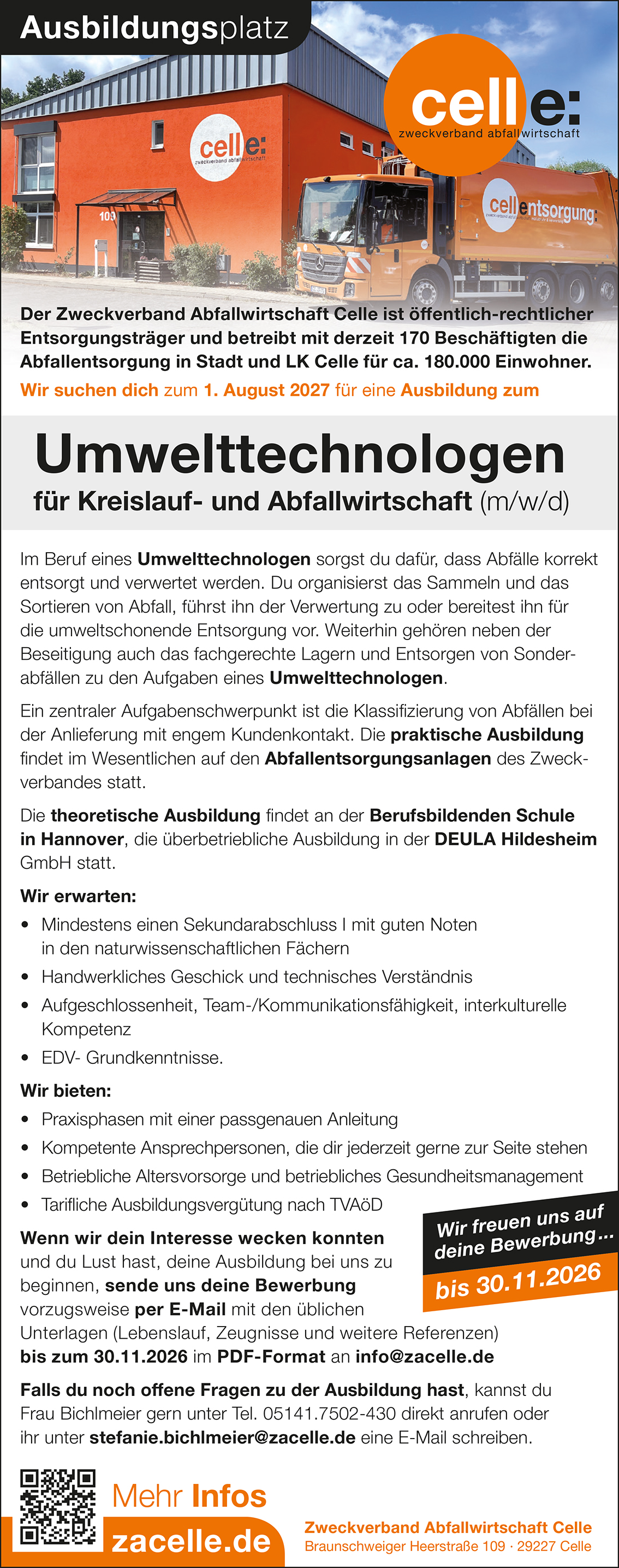 Zweckverband Abfallwirtschaft Celle Ausbildungsplatz Umwelttechnologe