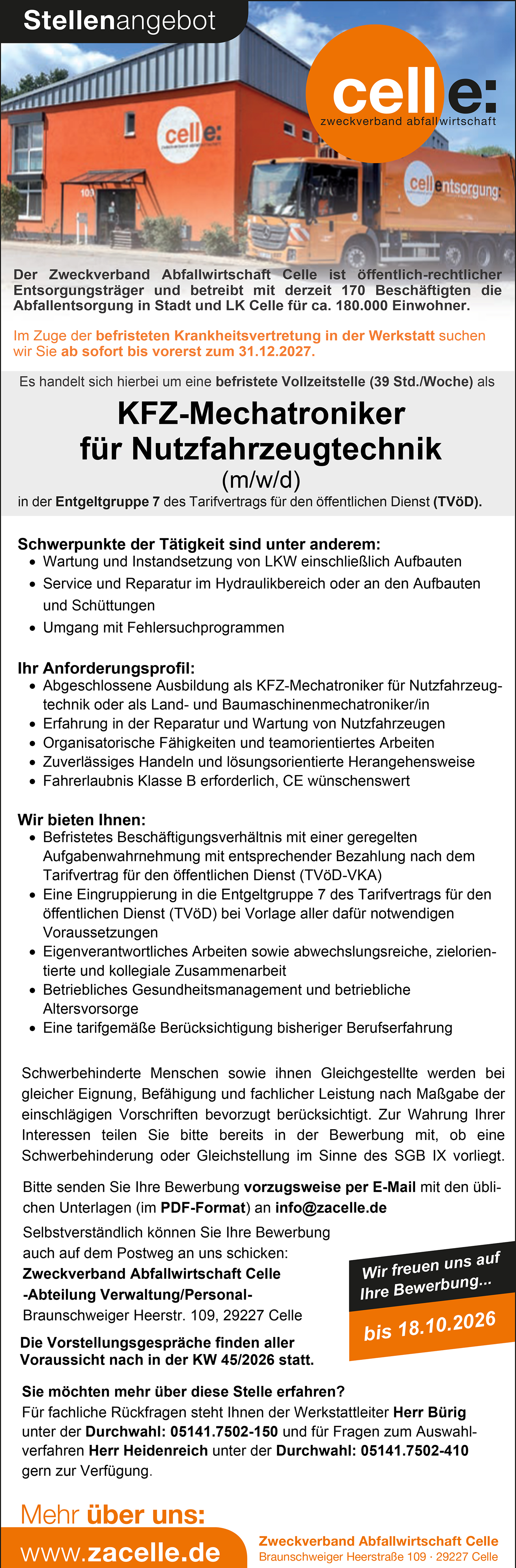 Zweckverband Abfallwirtschaft Celle Stellenangebot Mechatroniker