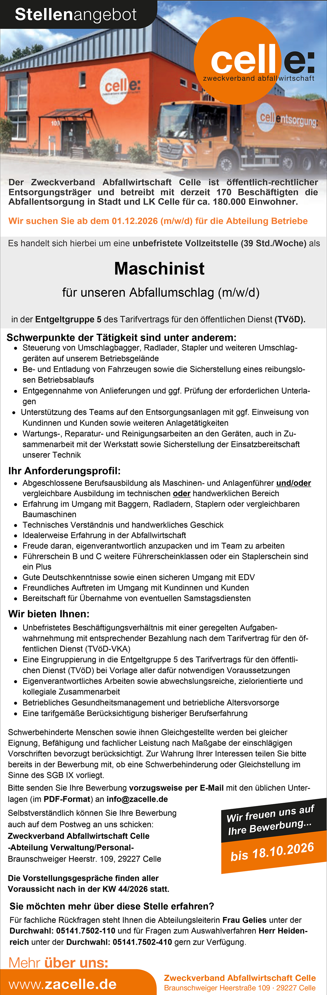 Zweckverband Abfallwirtschaft Celle Stellenangebot Maschinist