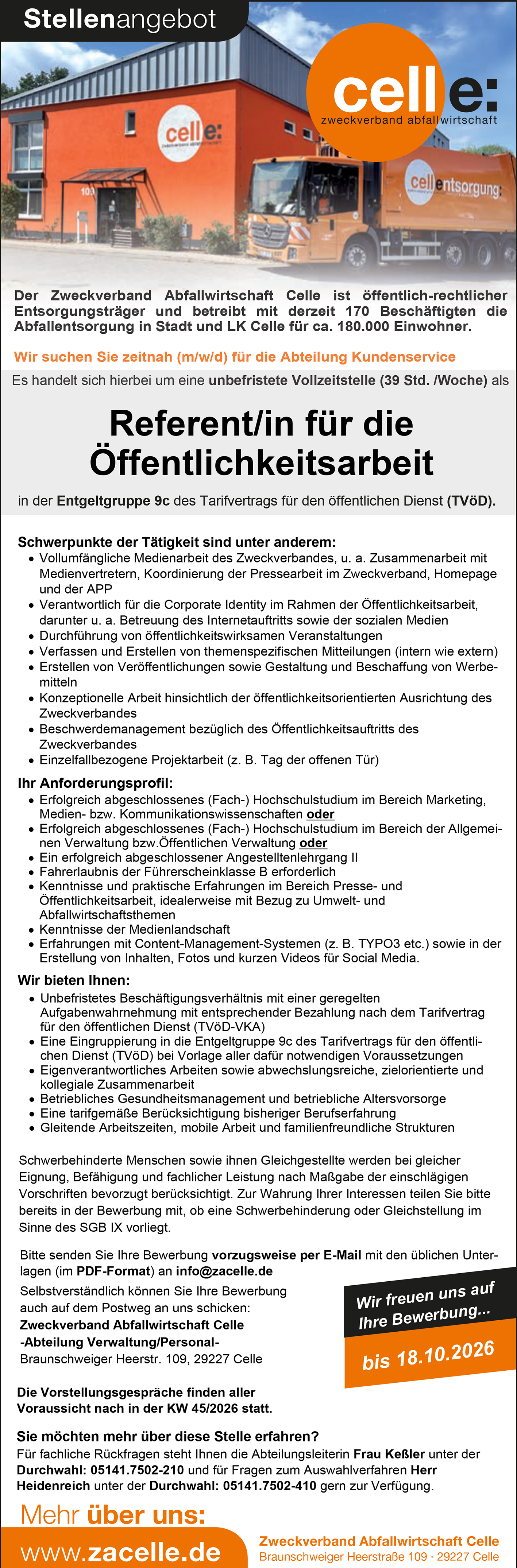 Zweckverband Abfallwirtschaft Celle Stellenangebot Öffentlichkeitsarbeit